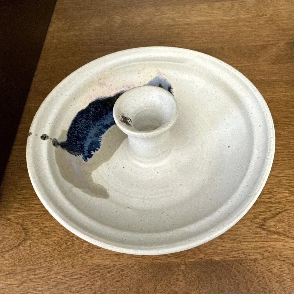 Candle Holder Studio Art Handmade Pottery White Cobalt Pair (2) 6
